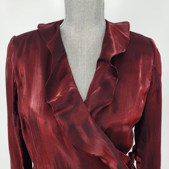 Xscape Wrap Blouse Top 10 Ruffle Trim Long Sleeve Iridescent Maroon Red Holiday - Picture 2 of 9